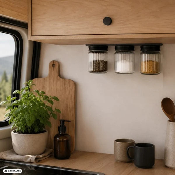 Camper Magnet-Gewürzgläser (3er-Set) + Metallleiste (3M)