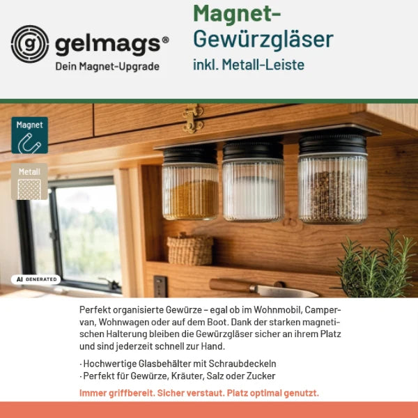 Camper Magnet-Gewürzgläser (3er-Set) + Metallleiste (3M)